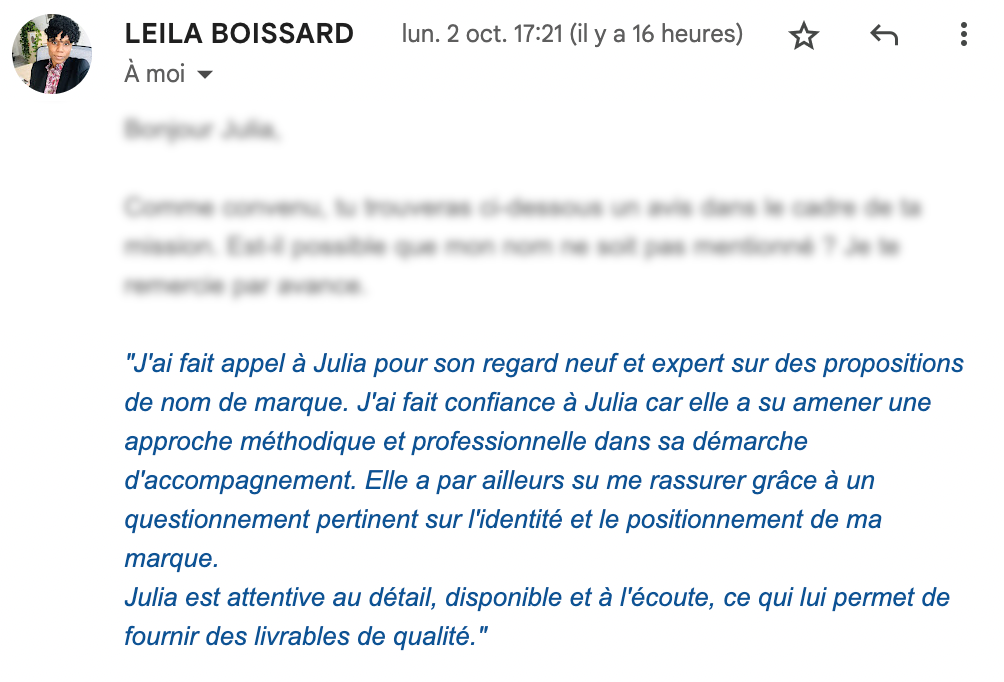 Avis client - julia musset - naming